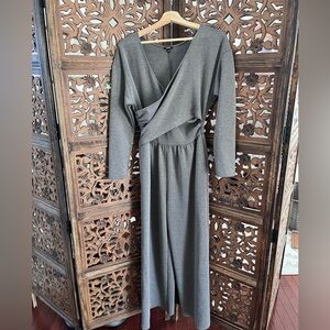 Express Gray Long Sleeve Wrap Jumpsuit – Wide Leg Surplice Bodice, Size Small